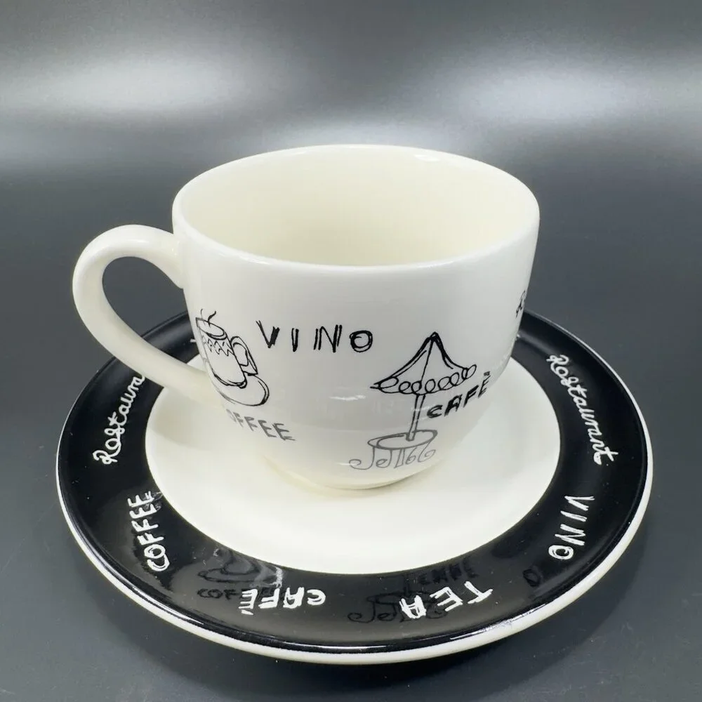 Pier 1 ENGLAND‎ ANGLETERRE Ceramic Teacup And Saucer Set Vino Coffee Black White